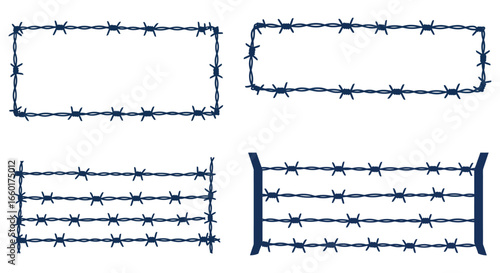 Barbed wire border frames and fence elements in blue on white background