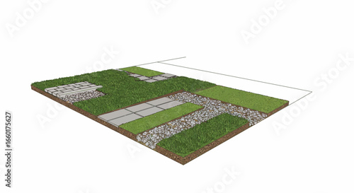 Landscape architecture design visualization featuring grass, stones, and paved walkway