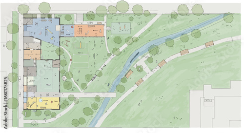 Detailed architectural plan showcasing a park with buildings and recreational spaces