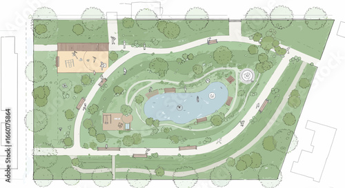 Aerial View of a Community Park Design with Pond Playground and Green Spaces