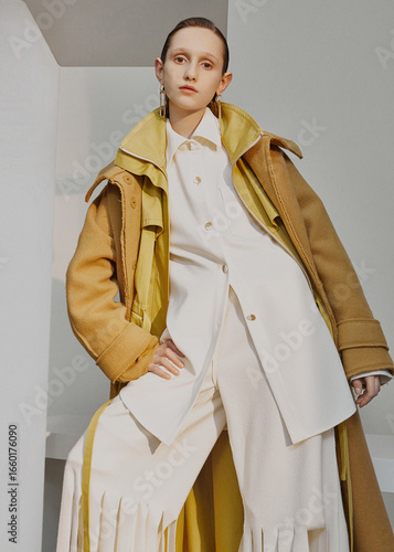 Young woman in stylish winter outfit with layered clothing and distinct colors.