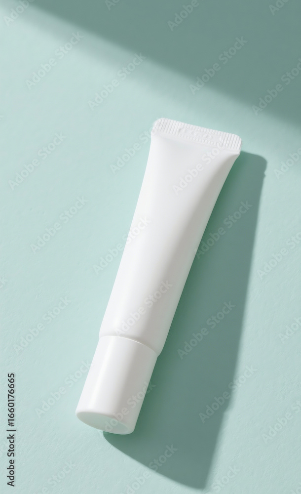 White cosmetic cream tube mockup on a light blue background with a hard shadow from sunlight. Minimalist beauty product concept. White cosmetic cream tube mockup on a light blue background with a hard shadow from sunlight. Minimalist beauty product concept.