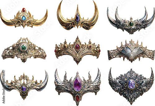 Collection of nine ornate fantasy crowns and diadems with gemstones on white background tiara