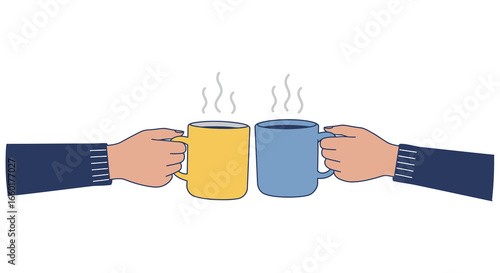 Hands holding steaming coffee mugs in a friendly toast gesture