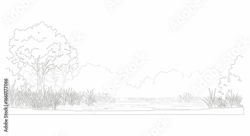 Delicate line art illustration featuring a tranquil wetland environment with trees