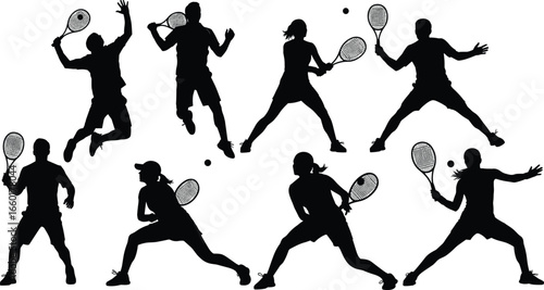 Silhouettes of tennis players in action poses, serving, hitting forehand and backhand, holding rackets, isolated on white, vector illustration for sports themes