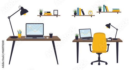 home office setup with desks lamps and shelves with books and plants