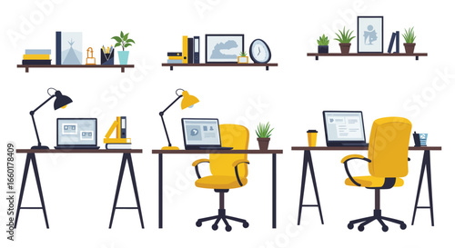 Three yellow office workstations with desks lamps and home decor items on shelves