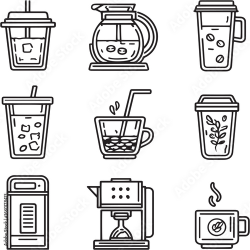 Cold Brew White black Line Editable Icons set