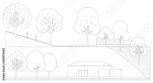 Architectural landscape plan with trees and building elevation, serene minimalistic design