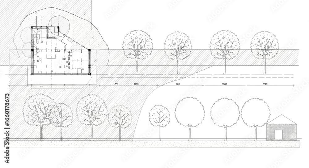 Obraz premium Architectural drawing showcasing a building plan surrounded by trees in a landscape