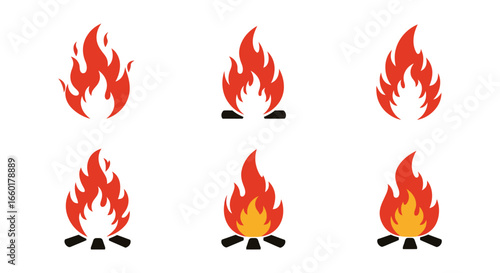 Collection of six different fire flames and campfires on white background