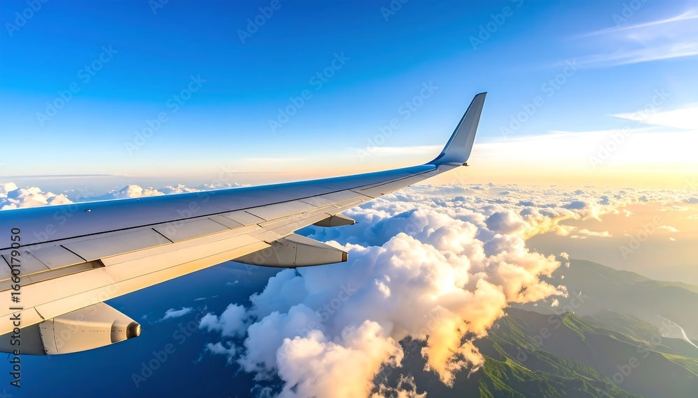 Obraz premium A high-altitude view of a jet aircraft wing soaring over fluffy clouds and a landscape of mountains, showcasing a vibrant blue sky and warm golden hues of the sunrise.