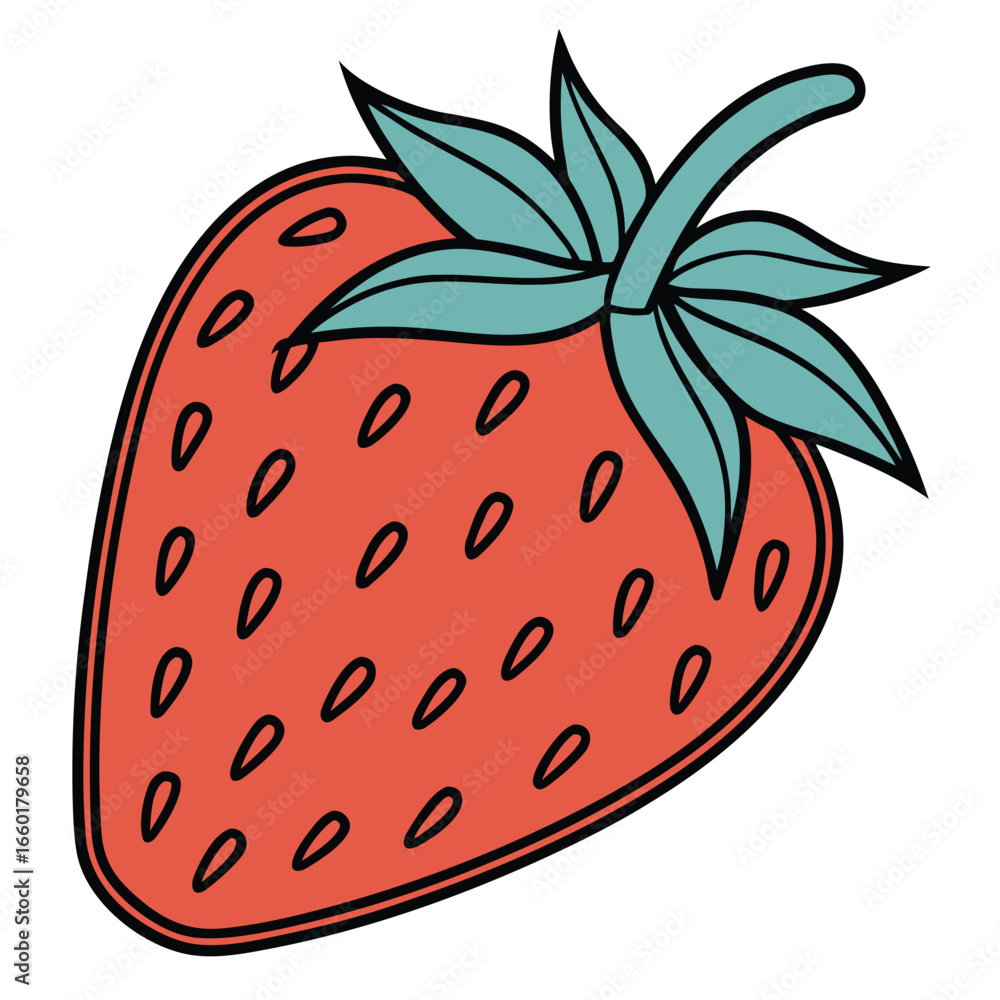 Obraz premium Vibrant Red Strawberry Illustration, Hand-Drawn Style, Fresh and Juicy Summer Fruit Design, Perfect for Food Blogs, Packaging, or Recipe Websites, Appealing Cartoon Aesthetic.