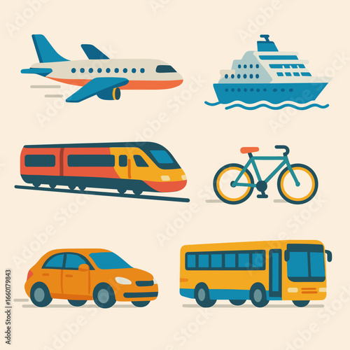 Colorful transportation icons featuring airplane, ship, train, bicycle, car, and bus