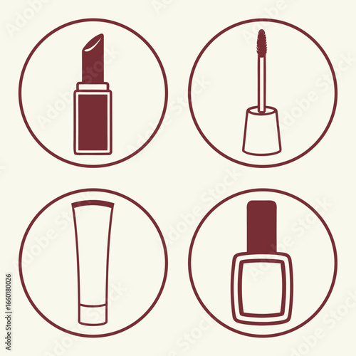 Stylish maroon cosmetic icons: lipstick, mascara, tube, nail polish; minimalist design; beauty product symbols; elegant, simple, vector graphics; perfect for website or app interface.