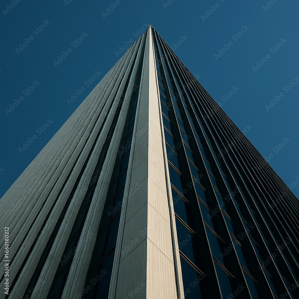 Obraz premium Modern skyscraper viewed from below against a clear blue sky
