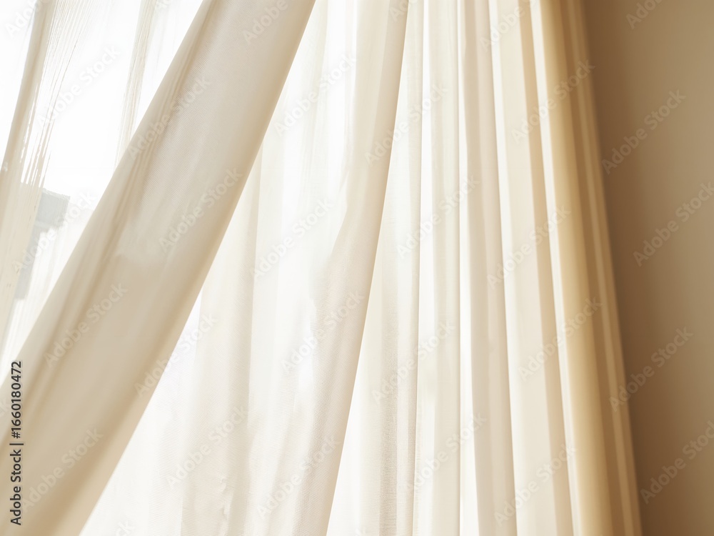 Obraz premium Sheer Elegance. Sunlight Filtering Through Delicate Ivory Window Curtains.