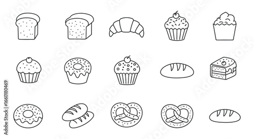 A variety of baked goods and desserts in simple line drawings