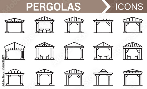 Set of pergola icons in multiple styles, perfect for outdoor structure and garden design.