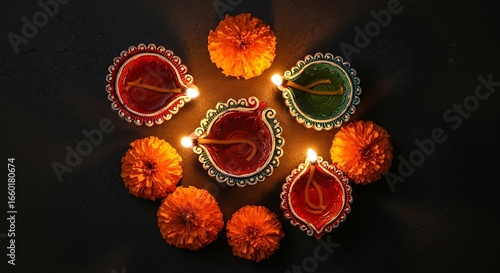 Festive diya arrangement illuminates celebration with warm golden light and vibrant colors