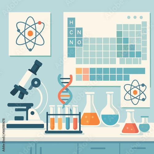 Colorful laboratory scene featuring microscope, test tubes, and scientific diagrams