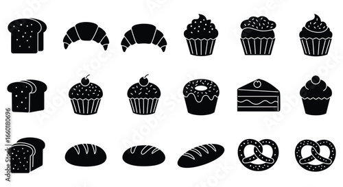 A collection of various baked goods and desserts in black silhouette icons