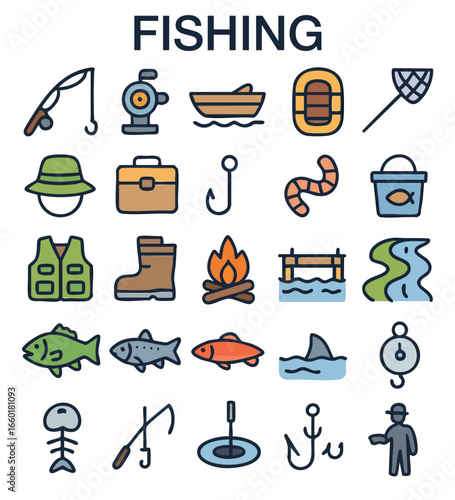 Fishing and Outdoor Activity Icon Set – Angling, Camping, and Nature Adventure Symbols