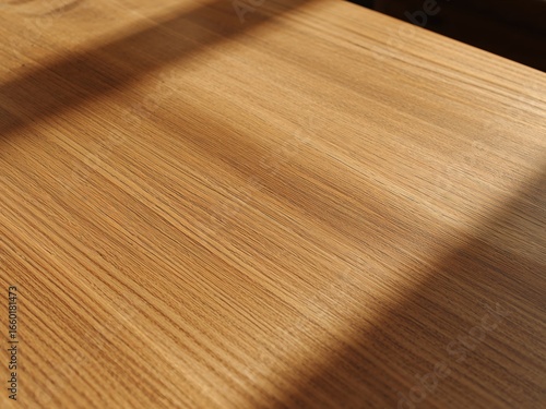 Closeup of an Elegant Wooden Table Surface with Light and Shadow, Showing Wood Grain.