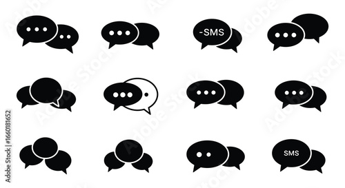 Collection of black chat and speech bubbles with text icons on white background
