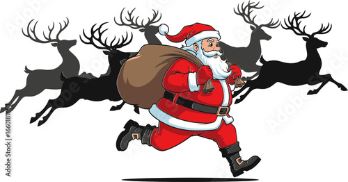 Santa Claus hurries with his gifts, reindeer team follows, spreading holiday cheer and joy