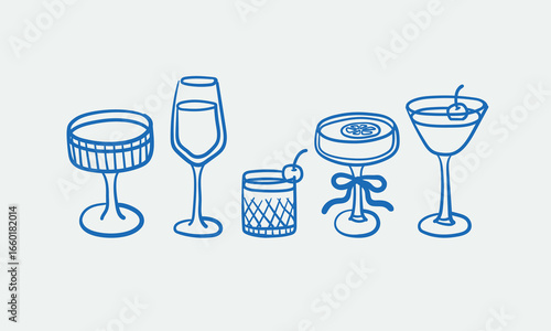 Hand-drawn cocktails. Line art, ink, minimalist style. Vector illustration. Winter holidays collection.
