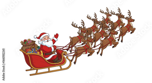 Santa Claus flying in sleigh pulled by reindeer delivering Christmas gifts for holiday joy
