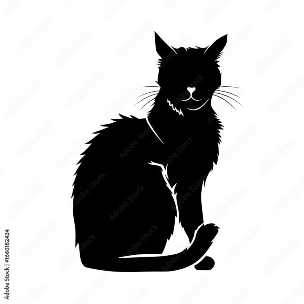 Obraz premium Black Cat Silhouette Sitting Calmly Isolated on White