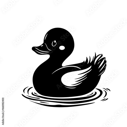 Black vector illustration of a duck swimming in rippling water with an elegant design emphasizing its features and movements