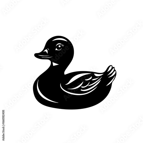 Cute black duck vector illustration showcasing a friendly side profile with elegant wings and distinct facial features