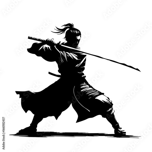 Samurai warrior preparing for battle with sword raised in a dynamic stance showcasing strength and skill