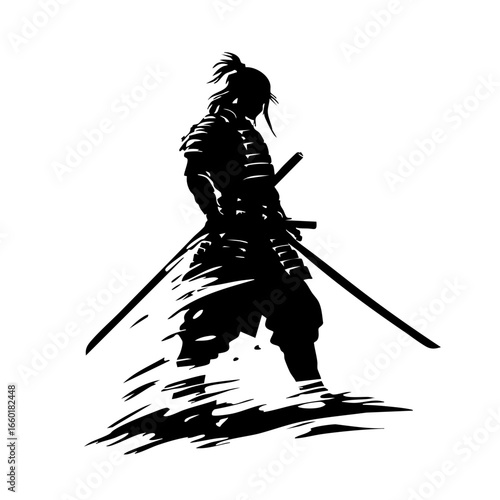 Samurai warrior silhouette with swords poised in a dynamic stance during an intense moment of action