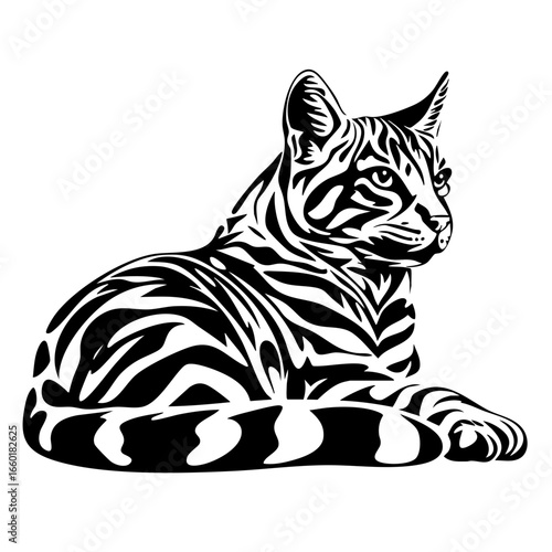 Stylized black vector illustration of a sitting cat with tiger-like stripes showcasing intricate patterns and sharp features