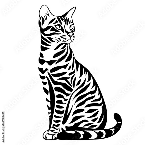 Black vector illustration of a sitting tabby cat detailed with stripes and elegant posture