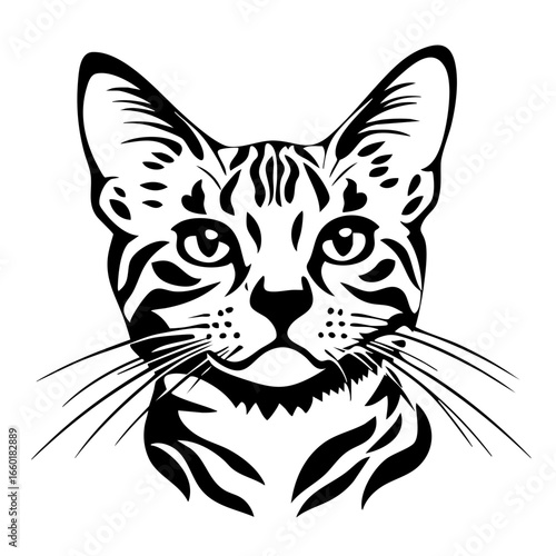 Elegant black vector illustration of a cat's face showcasing detailed features and expressive eyes in a striking design