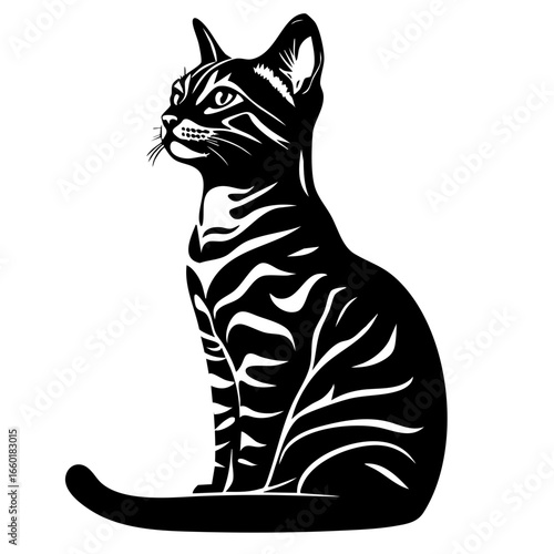 Elegant black vector silhouette of a sitting cat with distinct stripes gazing confidently into the distance