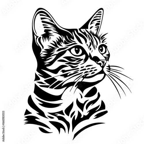 Elegant black vector illustration of a cat showcasing complex details in its fur and expressive features