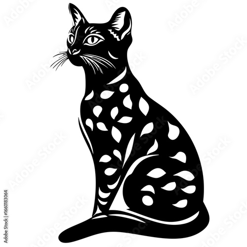 Black vector silhouette of a cat with leaf patterns showcasing elegance and style in a simplistic design