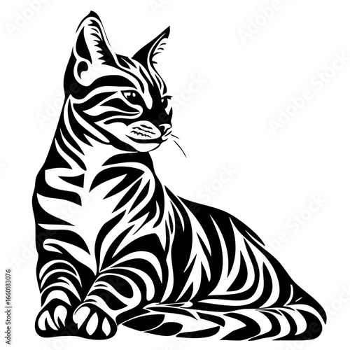 Stylized black vector illustration of a sitting striped cat in a relaxed pose showcasing intricate line work and artistic detail