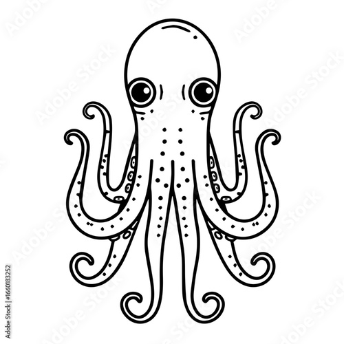 Detailed black vector illustration of an octopus with expressive eyes and flowing tentacles resembling its natural habitat in the ocean depths