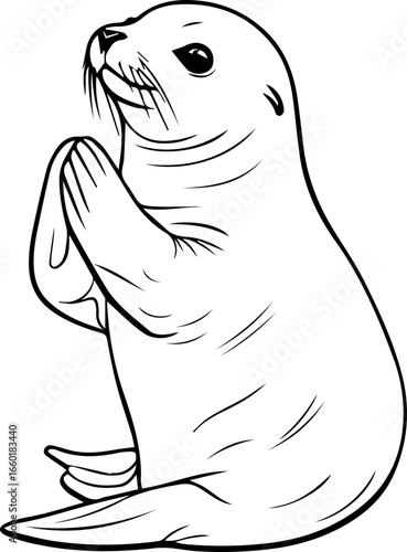Seal with clasped flippers in a playful pose, showcasing its inquisitive nature and charm in a whimsical design