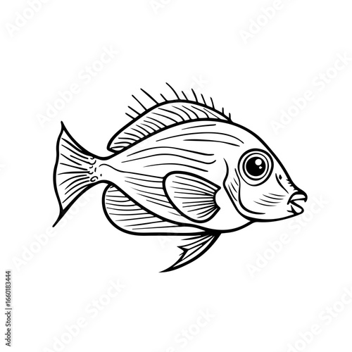 Detailed black vector illustration of a fish showcasing intricate line work and texture in its fins and body