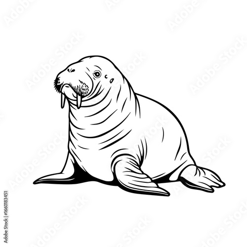 Detailed black vector illustration of a walrus sitting calmly on a surface, showcasing its distinctive features and relaxed posture