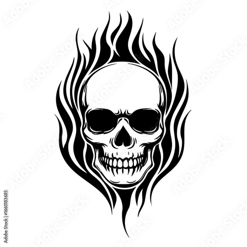 Skull design with flames representing danger and rebellion in a bold black vector format for graphic art or tattoo inspiration